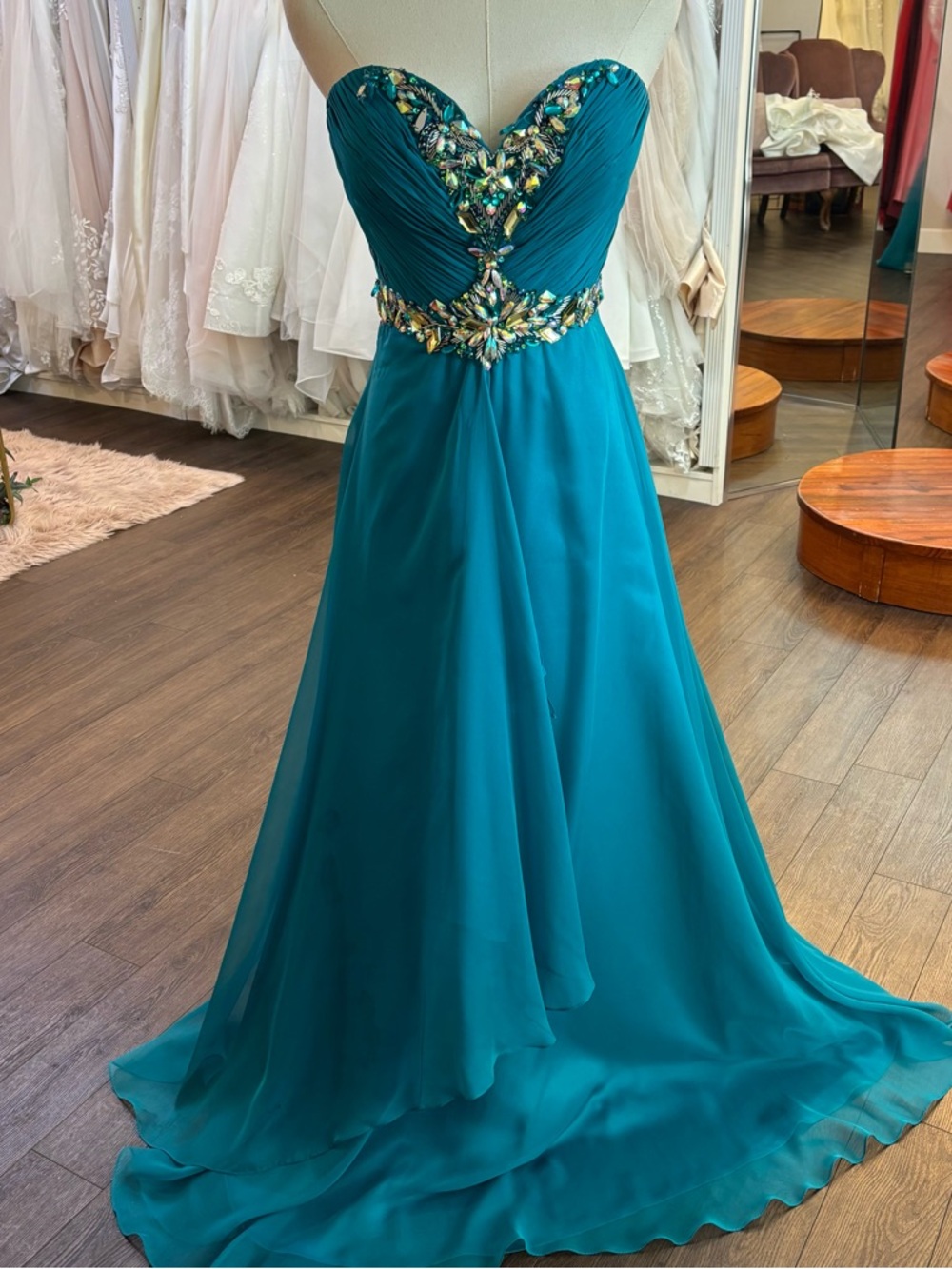 Tiffany Designs Teal Strapless Beaded Chiffon Gown